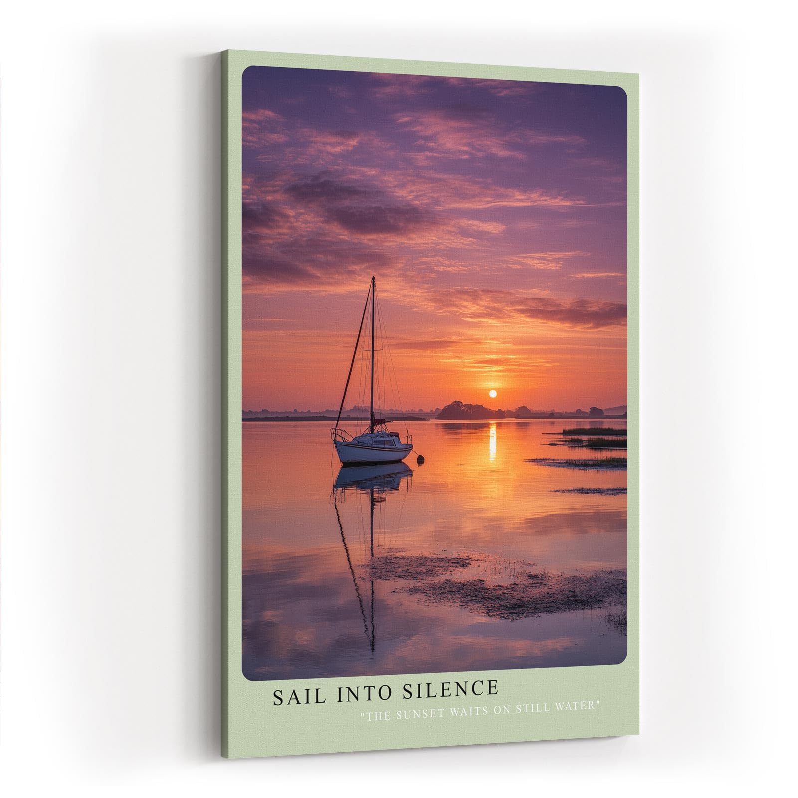 Paul Sinus Wandbild in 40x60cm Segelboot bei Sonnenuntergang auf stillem Wasser mit violett-orangefarbenem Himmel