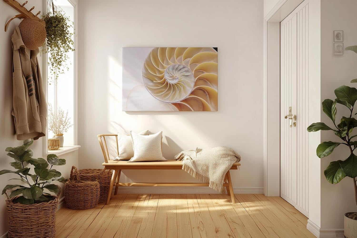 Sinus Art Wandbild 120x80cm Spiralförmige Nautilus-Schale in sanften Beige- und Perlmutttönen