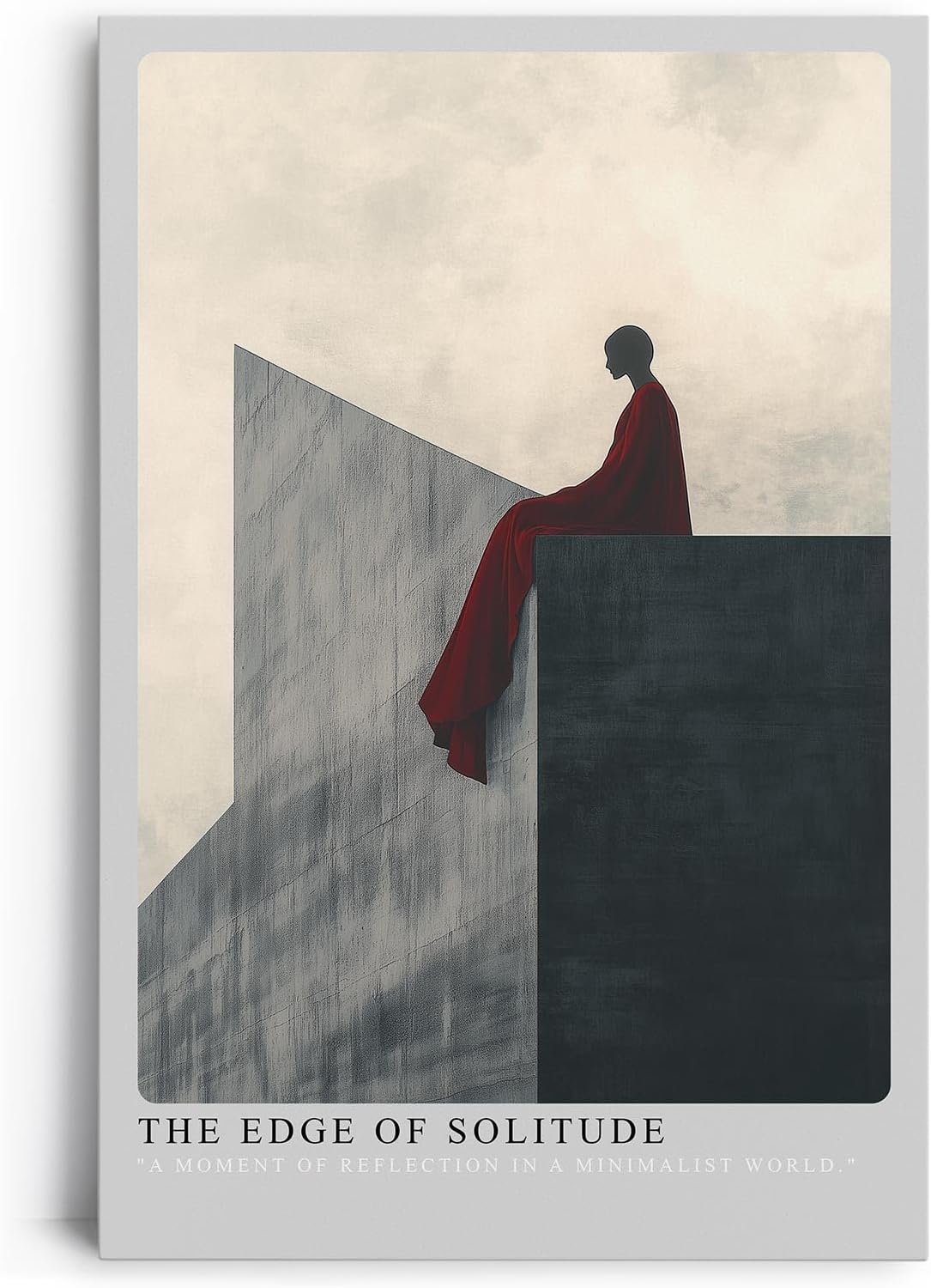 Paul Sinus Leinwandbild 60x90cm The Edge of Solitude – Minimalistische Kunst, abstrakte Silhouette auf geometrischer Architektur, tiefrote Drapierung