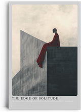 Paul Sinus Leinwandbild 60x90cm The Edge of Solitude – Minimalistische Kunst, abstrakte Silhouette auf geometrischer Architektur, tiefrote Drapierung