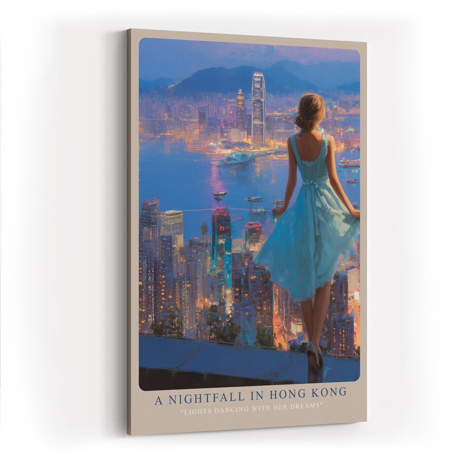 Paul Sinus Wandbild in 40x60cm A Nightfall in Hong Kong – Blick auf die funkelnde Skyline bei Nacht, elegante Frau im blauen Kleid, romantisches Stadtmotiv