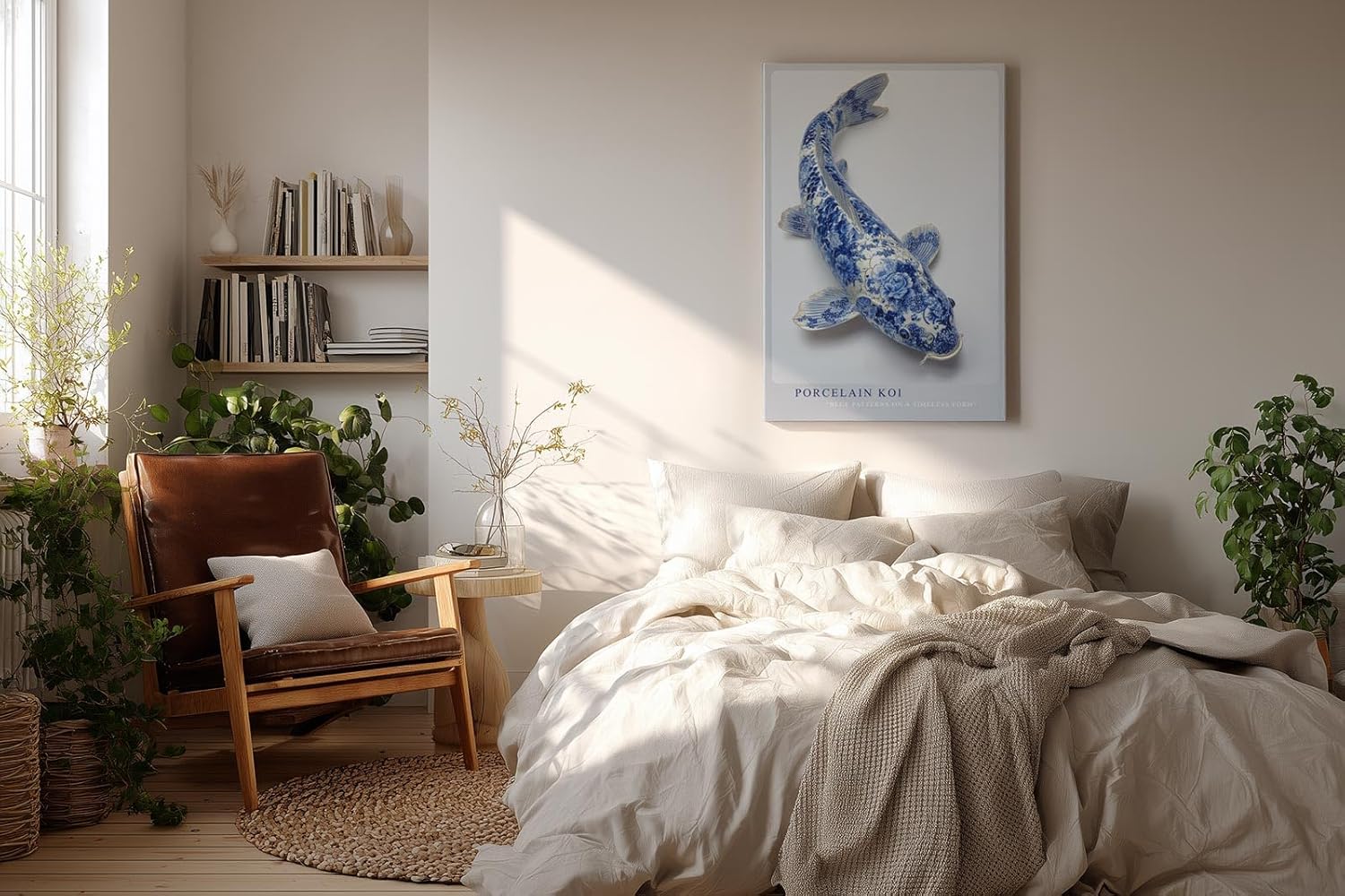 Paul Sinus Wandbild in 40x60cm Porcelain Koi – edler Koi-Fisch in filigraner Blau-Weiß-Porzellanoptik mit kunstvollen Mustern
