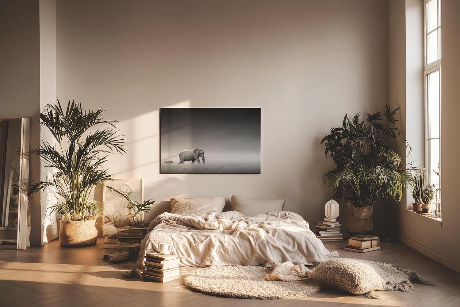 Sinus Art Wandbild 120x80cm Stimmungsvolle Szene mit Elefant und Zebra in weiter Graslandschaft als Symbol für Harmonie