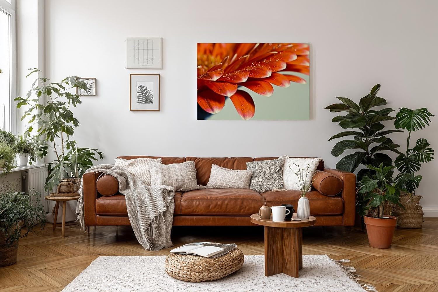 Sinus Art Wandbild 120x80cm Makroaufnahme leuchtend orangefarbener Blütenblätter mit funkelnden Wassertropfen