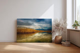 Sinus Art Wandbild 120x80cm Faszinierende Spiegelung von Schilf und Bergen in stillem Wasser – harmonisch und beruhigend