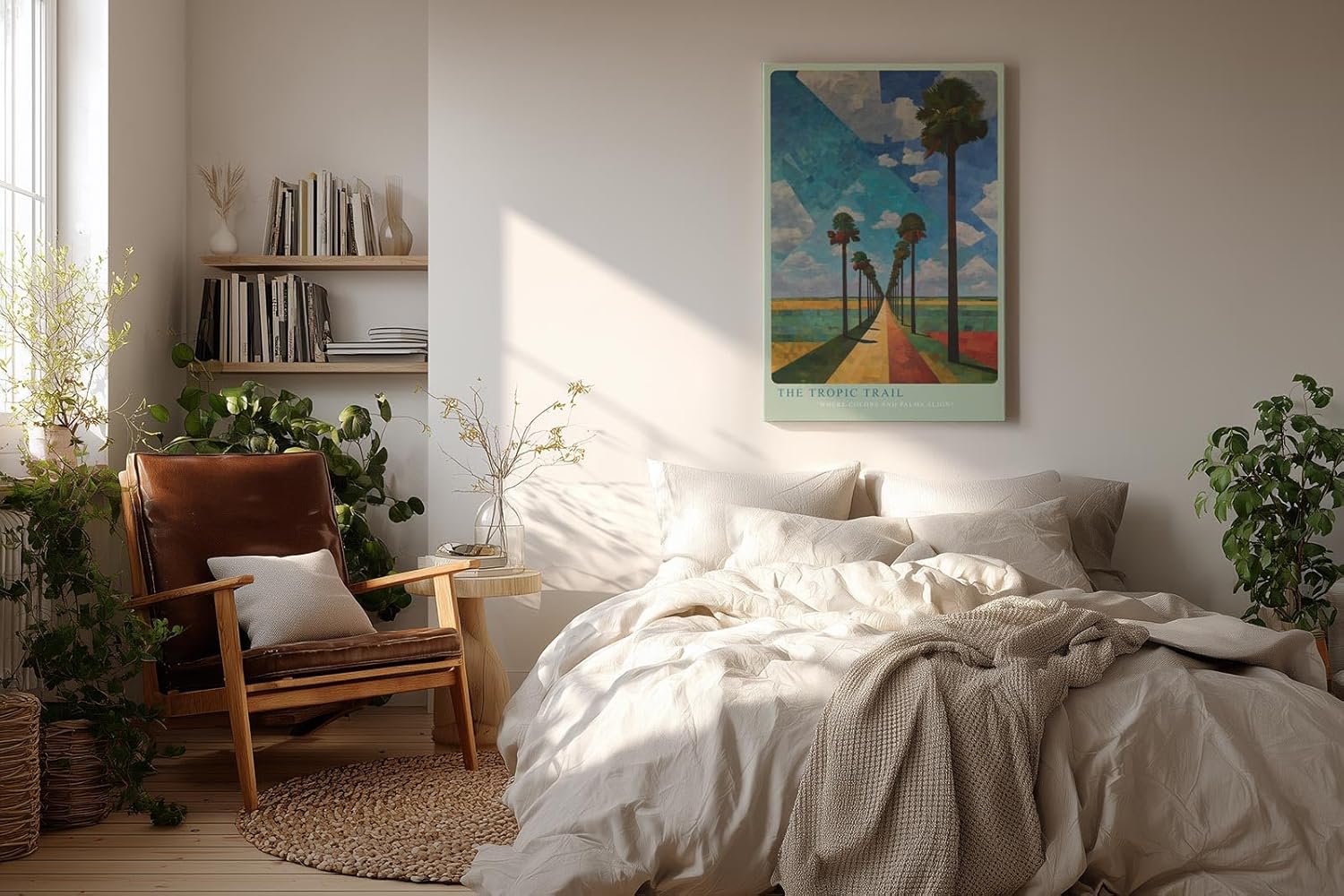 Paul Sinus Wandbild in 40x60cm The Tropic Trail mit farbintensiver Palmenallee und geometrischem Himmel für lebendige Raumgestaltung