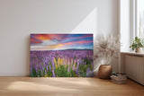 Sinus Art Wandbild 120x80cm Leuchtende Lupinen in Violett, Pink und Gelb vor einem dramatischen Abendhimmel
