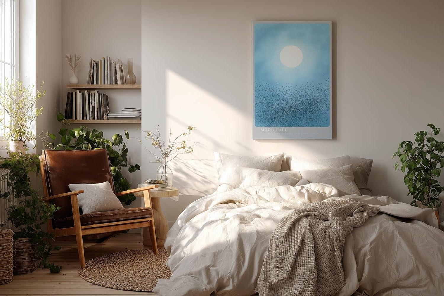 Paul Sinus Wandbild in 40x60cm Großer Vogelschwarm unter hellem Vollmond in sanftem Blau