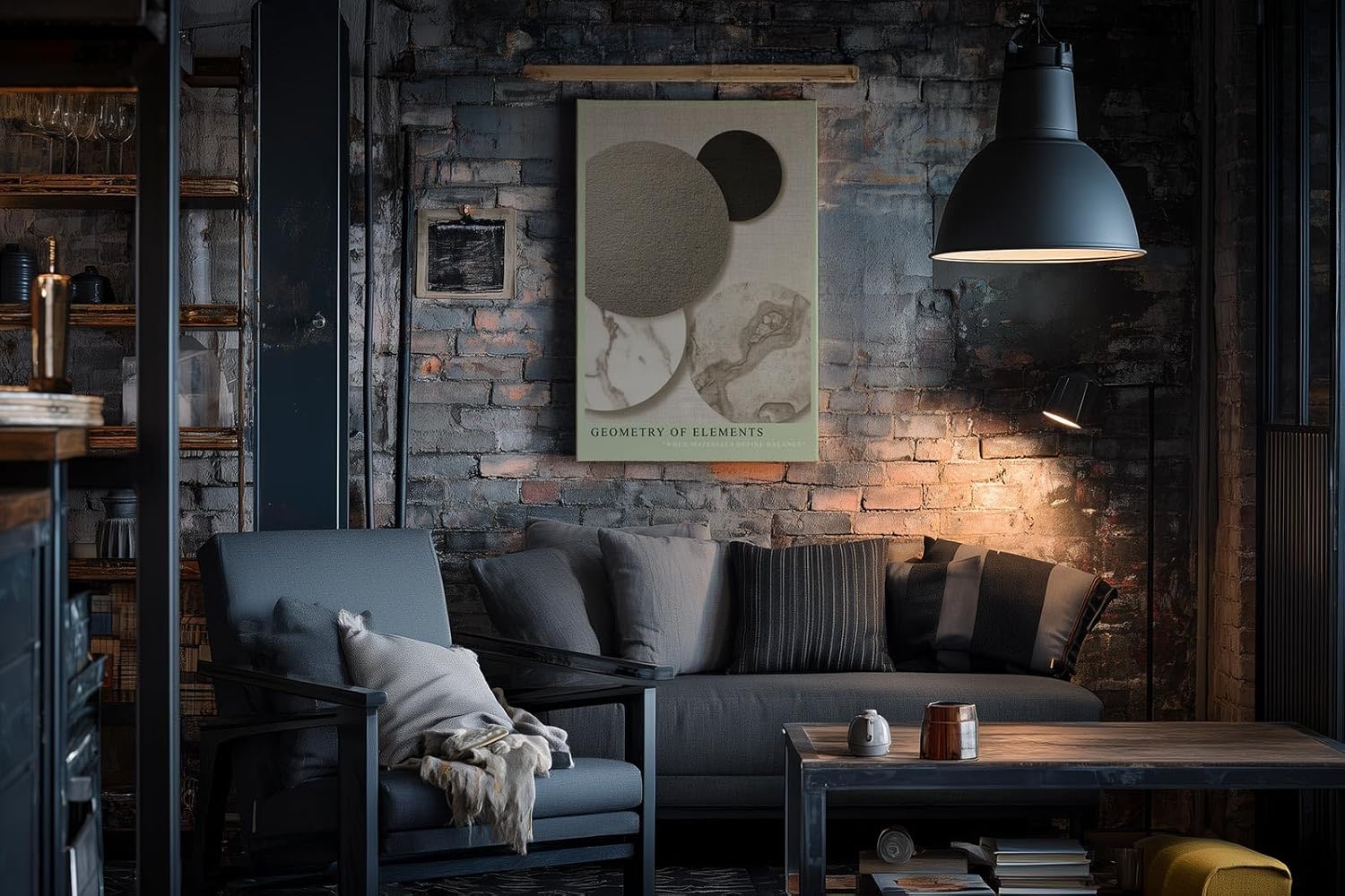 Paul Sinus Wandbild in 40x60cm Geometry of Elements – Abstrakte Kreiskomposition in Grautönen, Schwarz und Marmorstruktur auf texturiertem Hintergrund