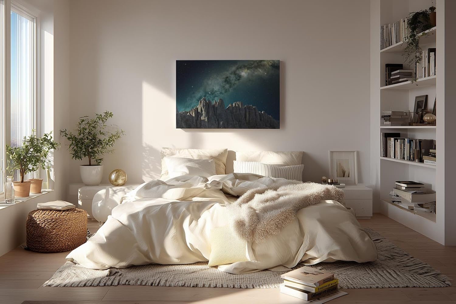 Sinus Art Wandbild 120x80cm Atemberaubendes Motiv mit Felsmassiv und galaktischem Lichtband über dunklem Himmel