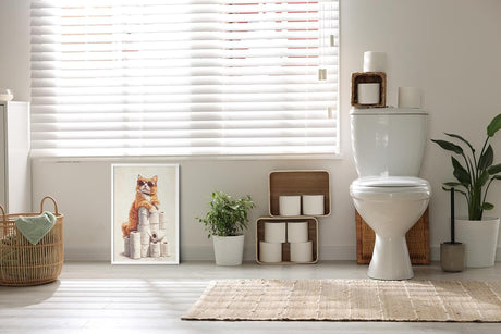 Paul Sinus Poster/Leinwandbild/Rahmenoption – Coole Katze auf dem Klopapier-Thron – Lustige WC-Deko für dein Badezimmer