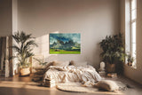Sinus Art Wandbild 120x80cm Weite Almwiese mit dramatischer Bergkulisse und Hütten – frisch, ehrlich, kraftvoll