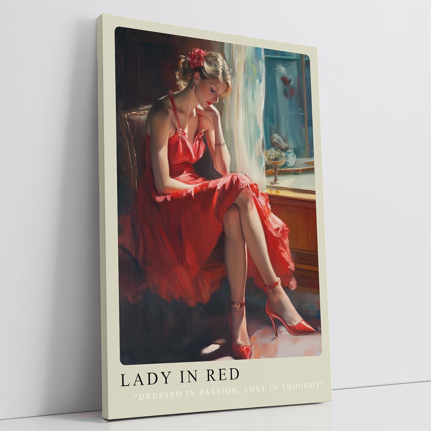 Paul Sinus Leinwandbild 60x90cm Lady in Red – Frau, Rot, Eleganz, Leidenschaft, Nostalgie, Sinnlichkeit, Vintage, Romantik, Kunst, Schönheit, Emotion
