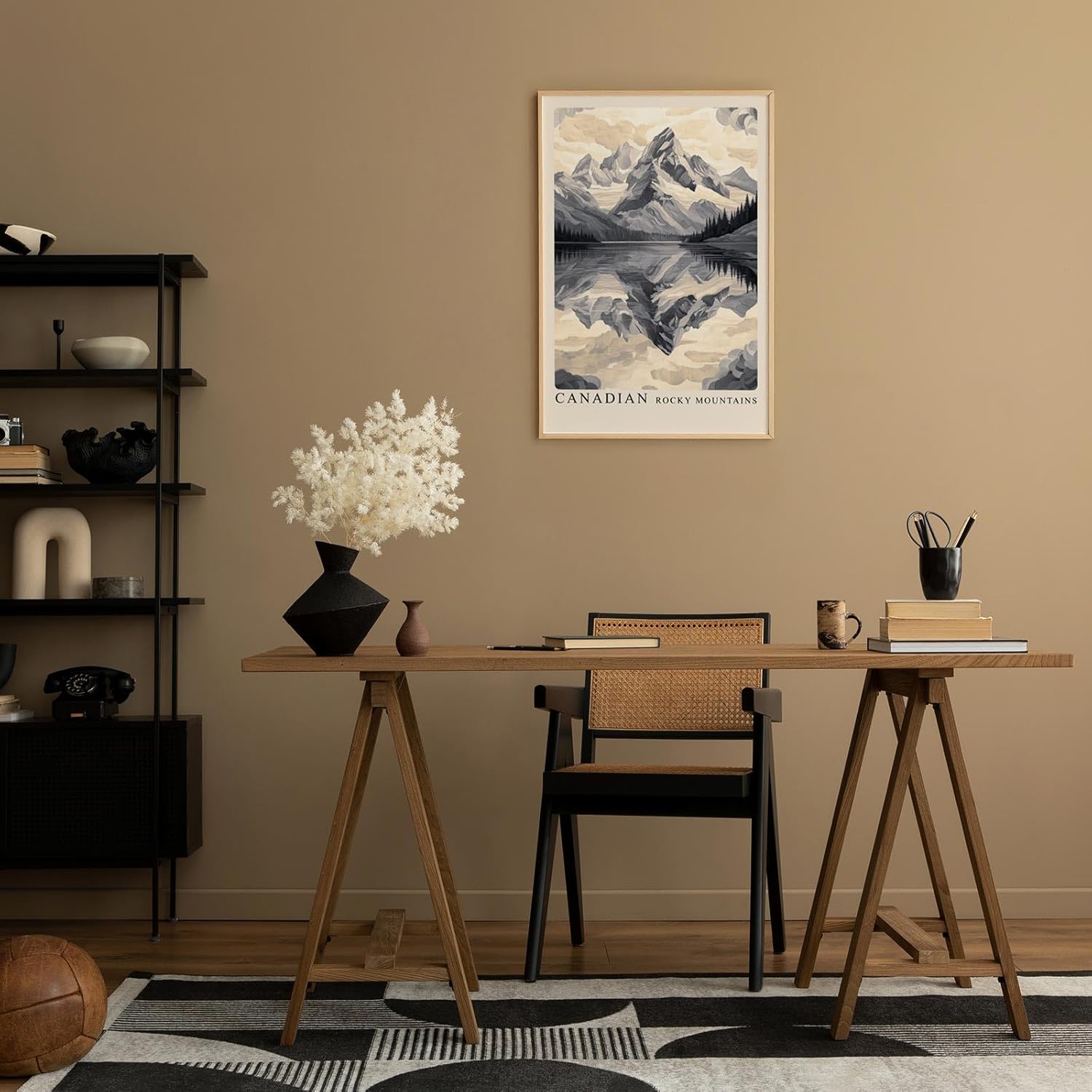 Paul Sinus Leinwandbild 80x120cm Kanadische Bergwelt – Majestätische Rocky Mountains mit spiegelndem Bergsee in stilisierter monochromer Optik