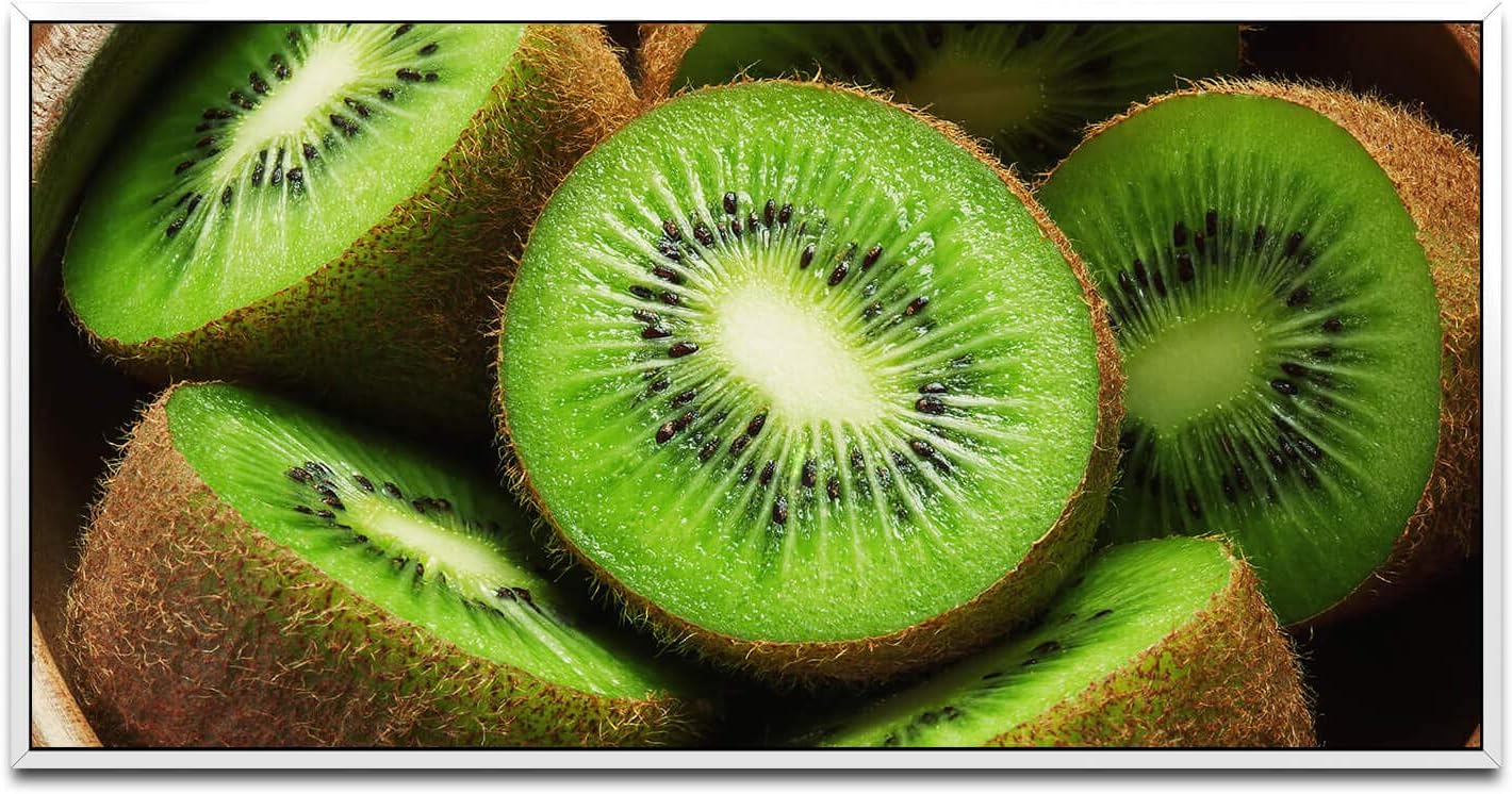 Kiwis in einer Holz Schüssel ca. 130x70cm Wandbild inklusive Schattenfugenrahmen weiss - Panorama Leinwand Bild XXL Format Wandbilder Wohnzimmer Wohnung Deko Kunstdrucke