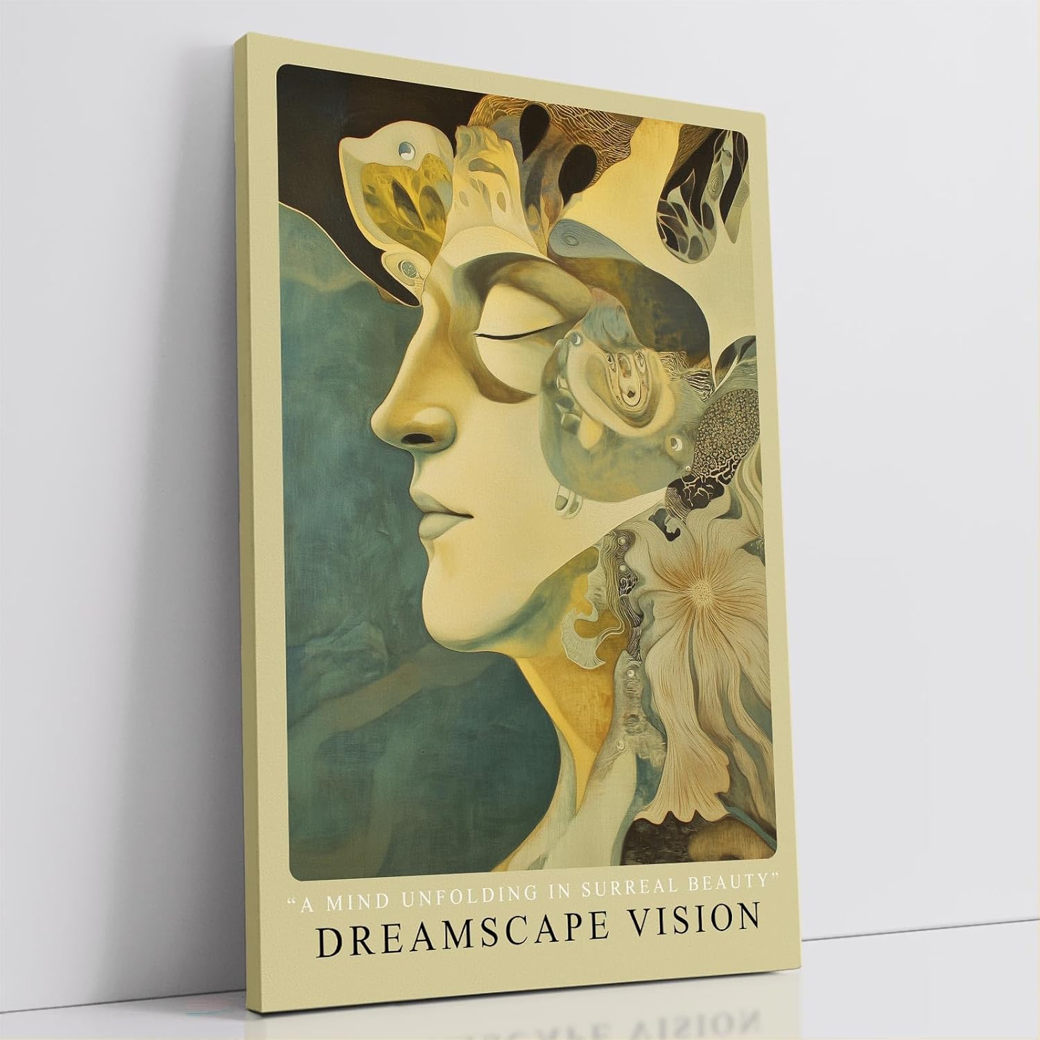 Paul Sinus Leinwandbild 60x90cm Dreamscape Vision – Surreal, Kunst, Fantasie, Traumwelt, Gesicht, Harmonie, Abstrakt, Mystik, Ästhetik, Gold, Struktur