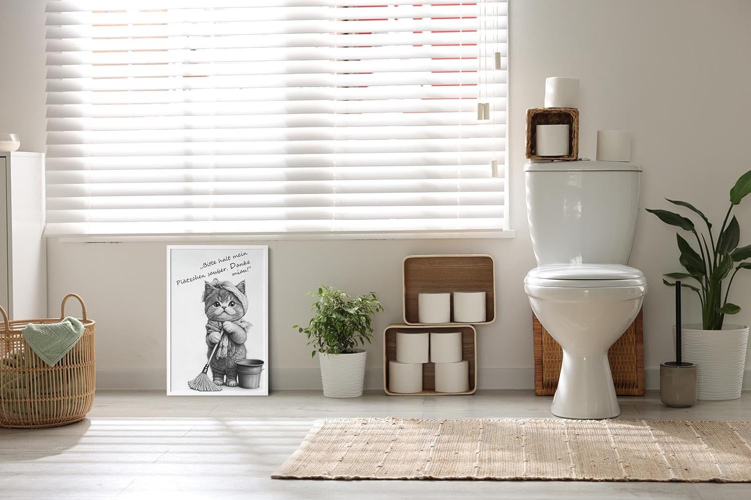 Paul Sinus Poster/Leinwandbild/Rahmenoption Lustiges Katzenbild – Niedliche Klo-Deko fürs Gäste-WC – Perfekt für Sauberkeitsfans