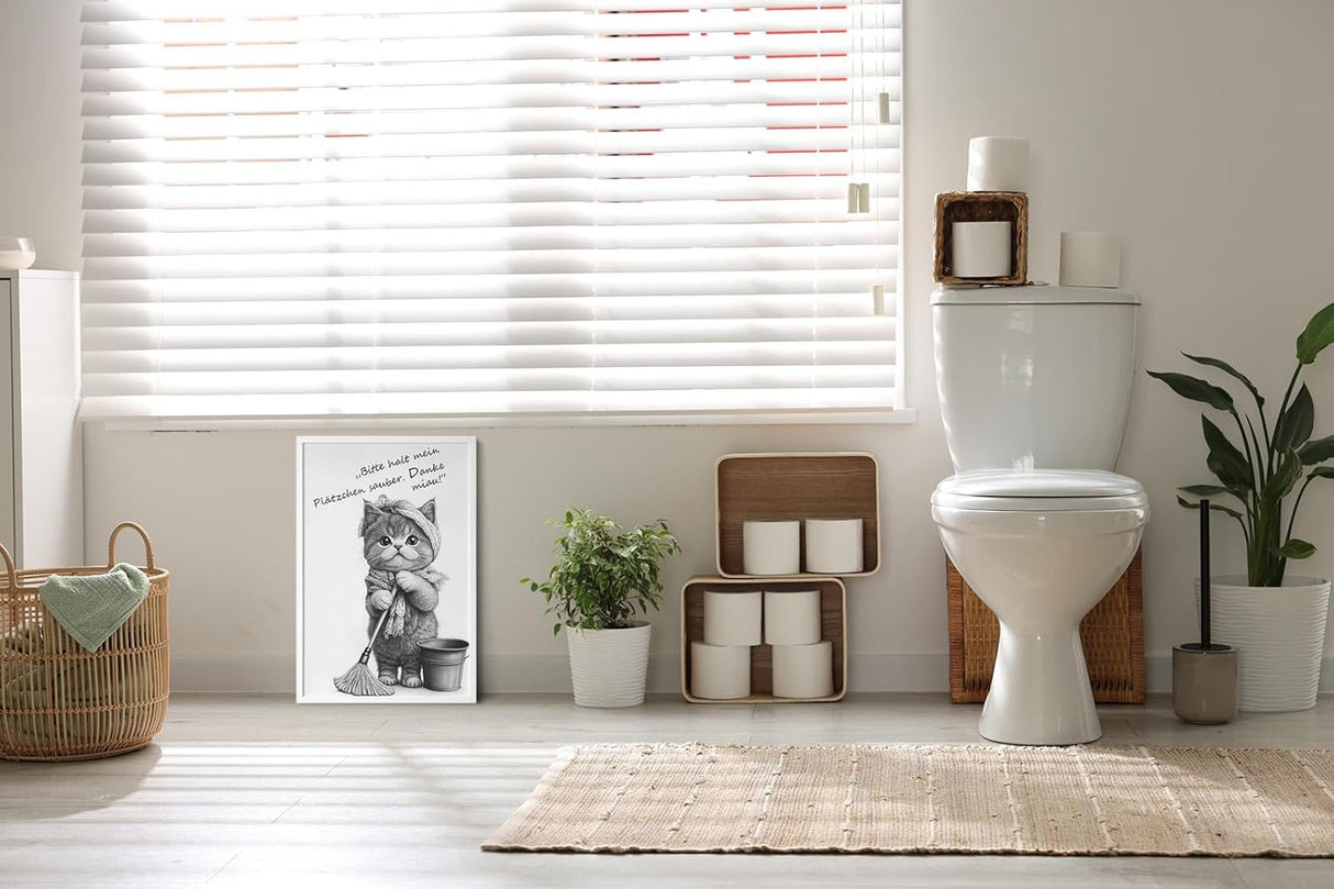 Paul Sinus Poster/Leinwandbild/Rahmenoption Lustiges Katzenbild – Niedliche Klo-Deko fürs Gäste-WC – Perfekt für Sauberkeitsfans