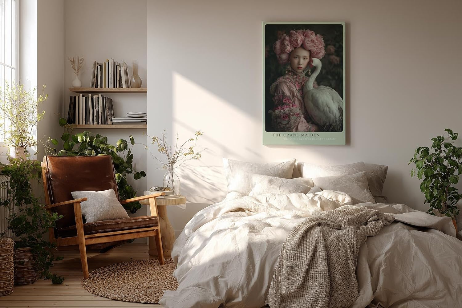 Paul Sinus Wandbild in 40x60cm Asiatische Schönheit mit Blumenkrone und Kranich in edler Pose