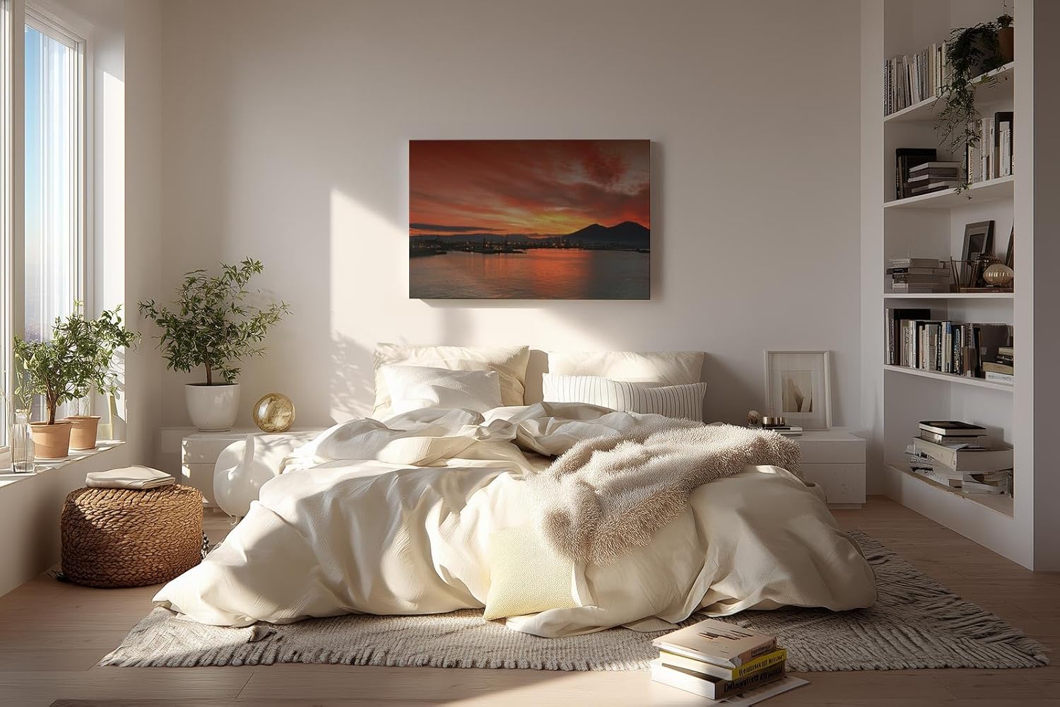 Sinus Art Wandbild 120x80cm Atmosphärisches Hafenszenario mit Silhouetten und leuchtendem Himmel über markanter Vulkanform