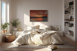 Sinus Art Wandbild 120x80cm Atmosphärisches Hafenszenario mit Silhouetten und leuchtendem Himmel über markanter Vulkanform