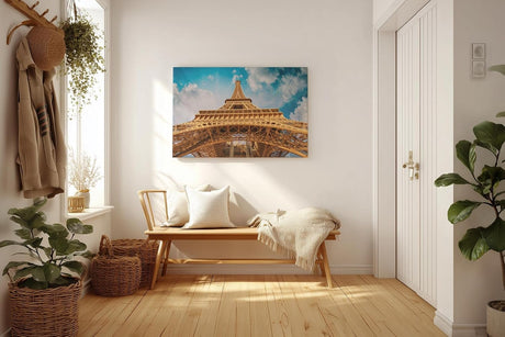 Sinus Art Wandbild 120x80cm Atemberaubende Perspektive auf den Eiffelturm mit imposanter Himmelsszenerie