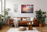 Sinus Art Wandbild 120x80cm Blick auf schneebedeckten Fuji hinter rosa Blüten über stillem Wasser