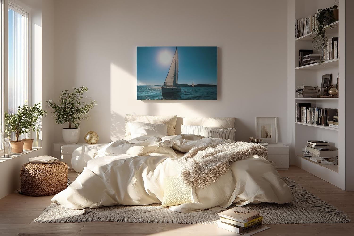 Sinus Art Wandbild 120x80cm Friedvolle Szene eines Segelboots unter blauem Himmel mit strahlendem Sonnenschein