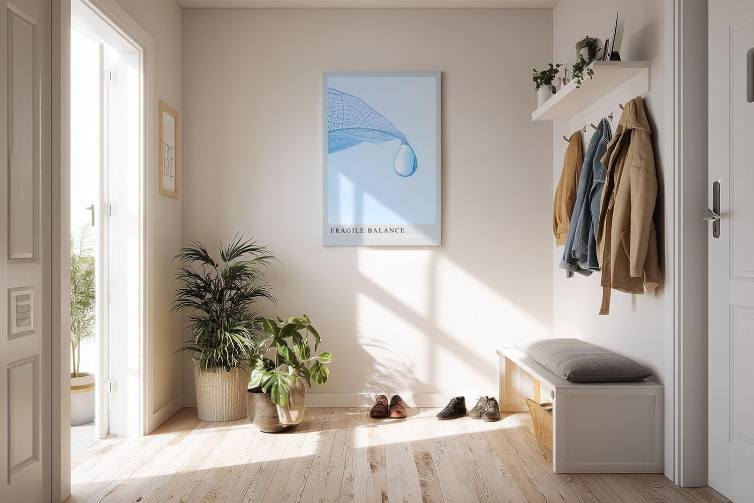 Paul Sinus Kunstdruck 40x60cm Fragile Balance – transparente Struktur mit Wassertropfen auf zartem Blatt in Hellblau