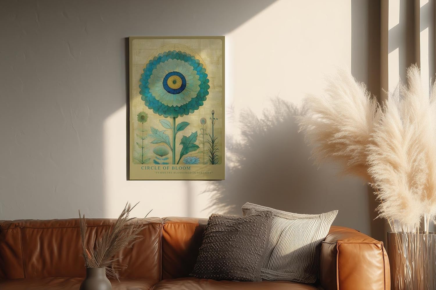 Paul Sinus Wandbild in 40x60cm Circle of Bloom stilisierte Blume in Blauund Grüntönen mit Goldhintergrund elegante Naturkunst auf Leinwand