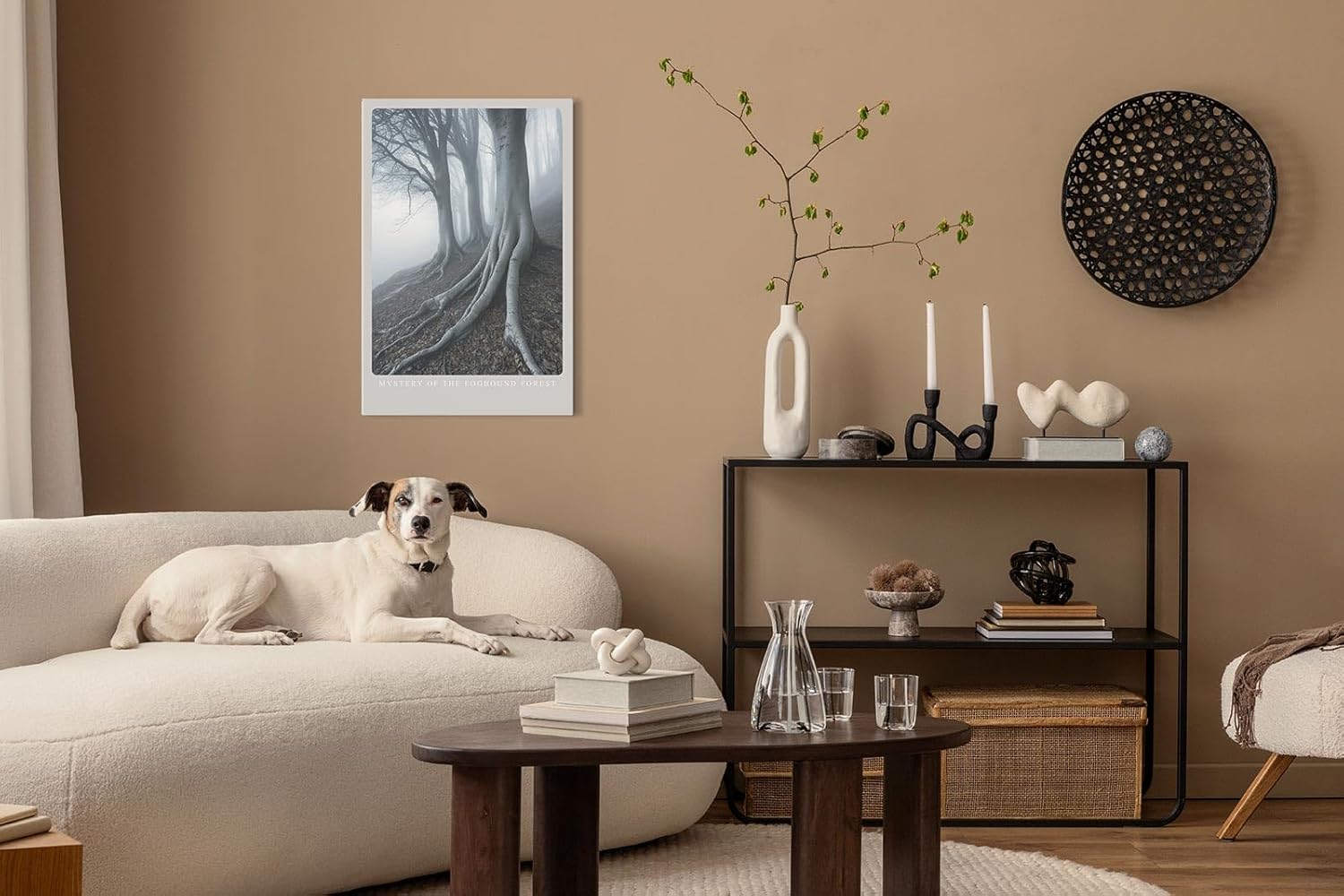 Paul Sinus Leinwandbild 60x90cm geheimnisvolle Waldszene mit nebelverhangenen Bäumen, mystische Wandkunst in kühlen Grautönen mit atmosphärischer Tiefe