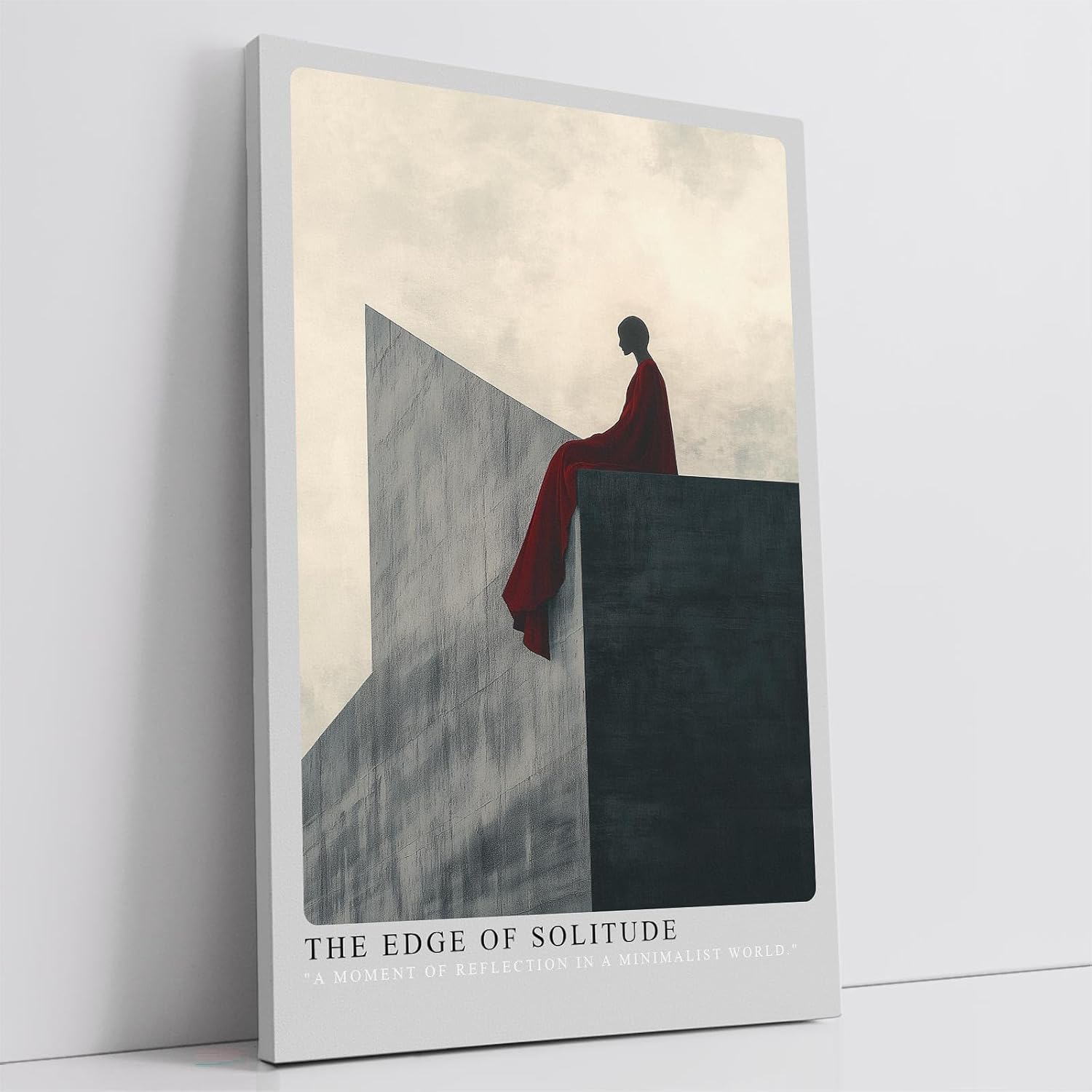 Paul Sinus Leinwandbild 60x90cm The Edge of Solitude – Minimalistische Kunst, abstrakte Silhouette auf geometrischer Architektur, tiefrote Drapierung