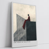 Paul Sinus Leinwandbild 60x90cm The Edge of Solitude – Minimalistische Kunst, abstrakte Silhouette auf geometrischer Architektur, tiefrote Drapierung