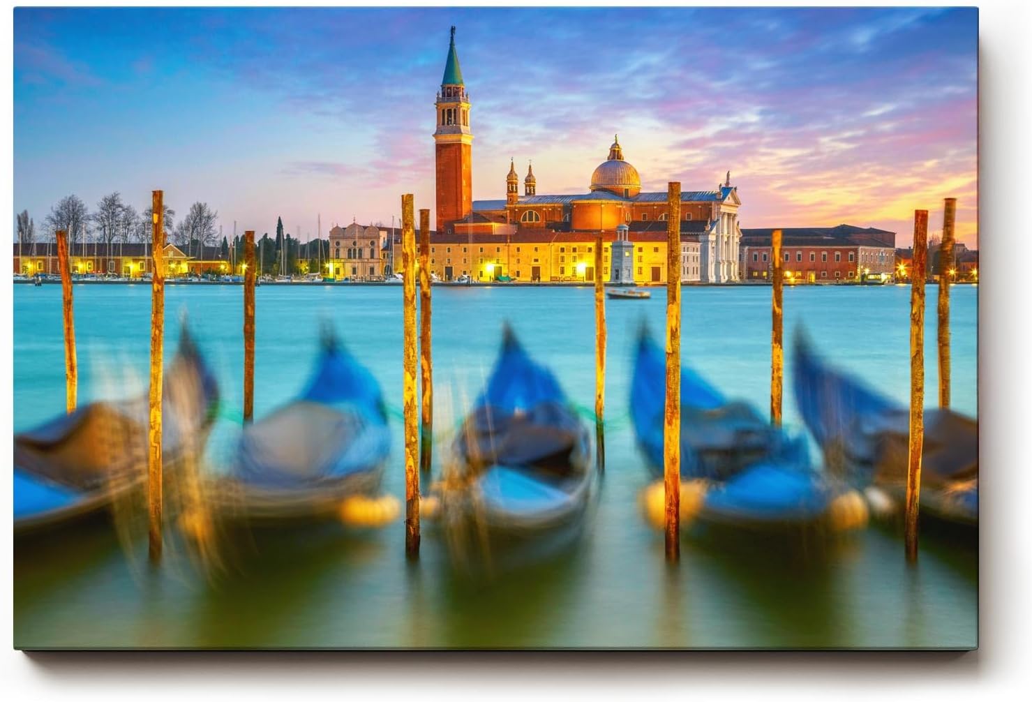 Sinus Art Wandbild 120x80cm Gondeln schaukeln vor San Giorgio Maggiore im warmen Licht der untergehenden Sonne