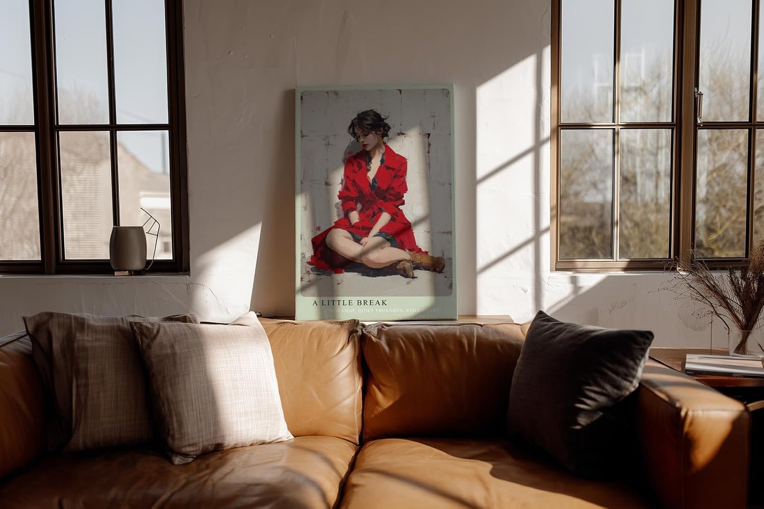 Paul Sinus Wandbild in 40x60cm A Little Break stilvolle Frau im roten Mantel sitzend in moderner Bilder-Optik für elegante Wohnakzente