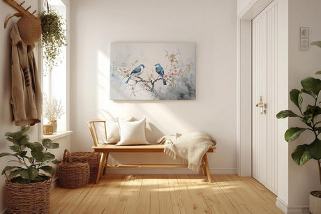 Sinus Art Wandbild 120x80cm Detailreiches Naturmotiv mit zwei blauen Vögeln auf blühendem Ast – filigran und stimmungsvoll gestaltet