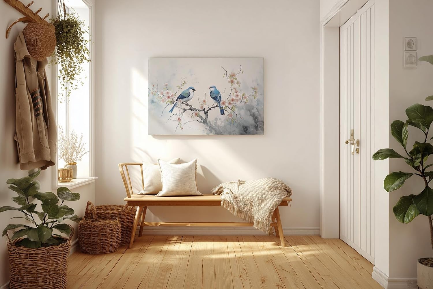Sinus Art Wandbild 120x80cm Detailreiches Naturmotiv mit zwei blauen Vögeln auf blühendem Ast – filigran und stimmungsvoll gestaltet