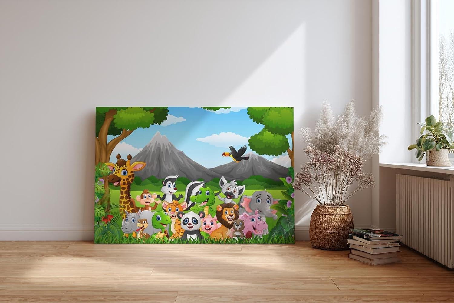 Sinus Art Wandbild 120x80cm Detailreich illustrierte Tiergruppe mit Panda, Tiger, Giraffe, Affe, Elefant u. v. m.