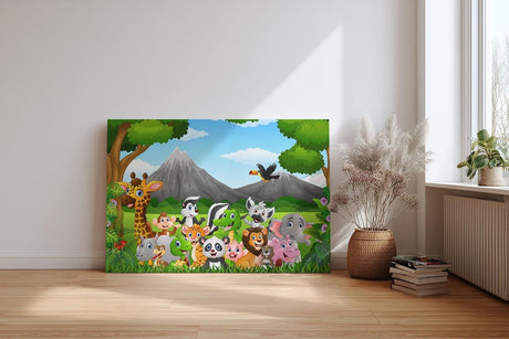Sinus Art Wandbild 120x80cm Detailreich illustrierte Tiergruppe mit Panda, Tiger, Giraffe, Affe, Elefant u. v. m.