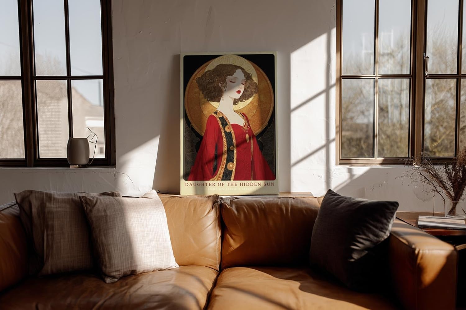 Paul Sinus Wandbild in 40x60cm Daughter of the Hidden Sun Stilisiertes Frauenporträt in Rot und Gold mit ornamentalen Details für luxuriöse Raumgestaltung