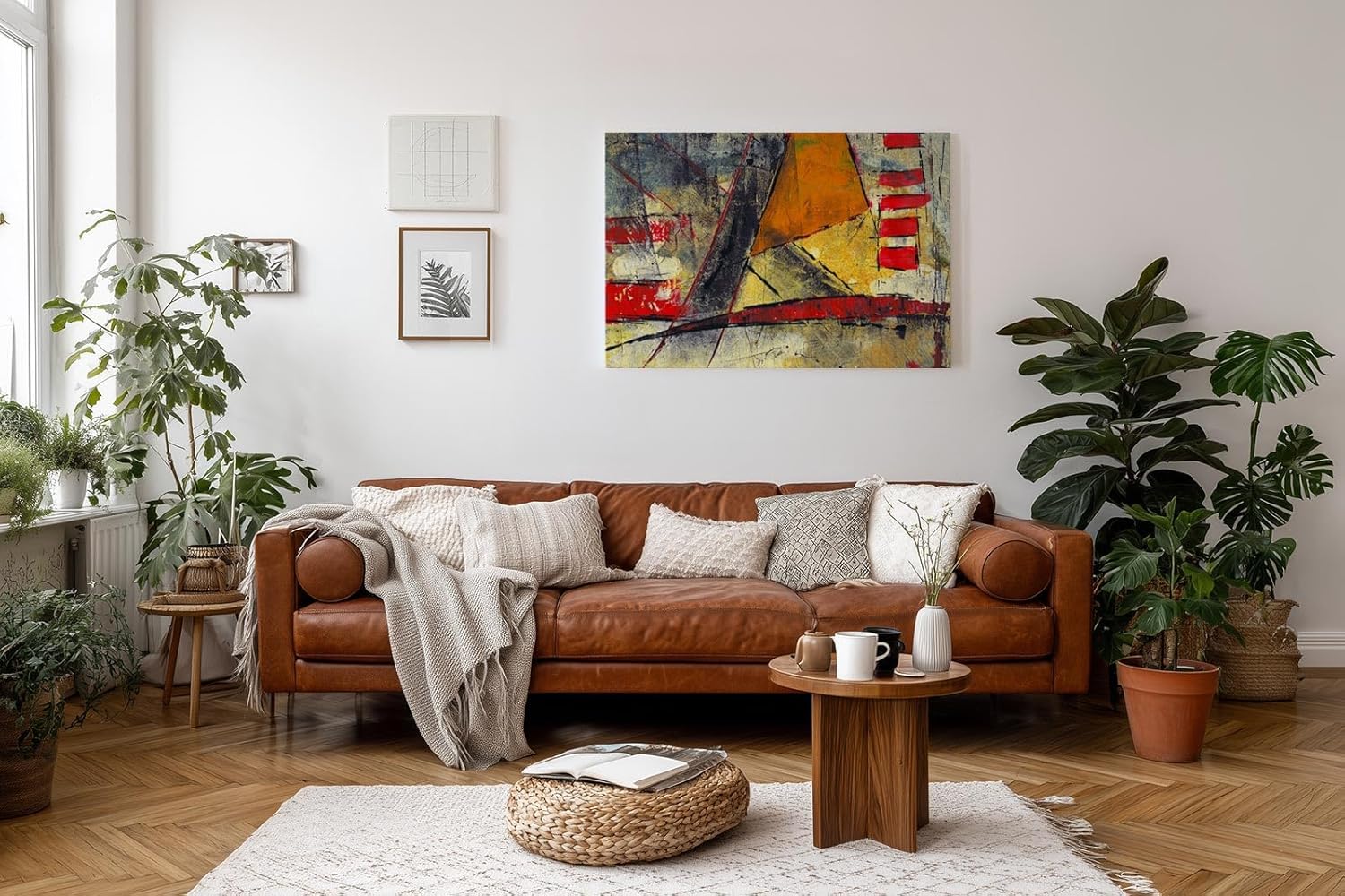Sinus Art Wandbild 120x80cm Grafische Formen und Linien in Rot, Gelb und Schwarz auf strukturreichem Untergrund