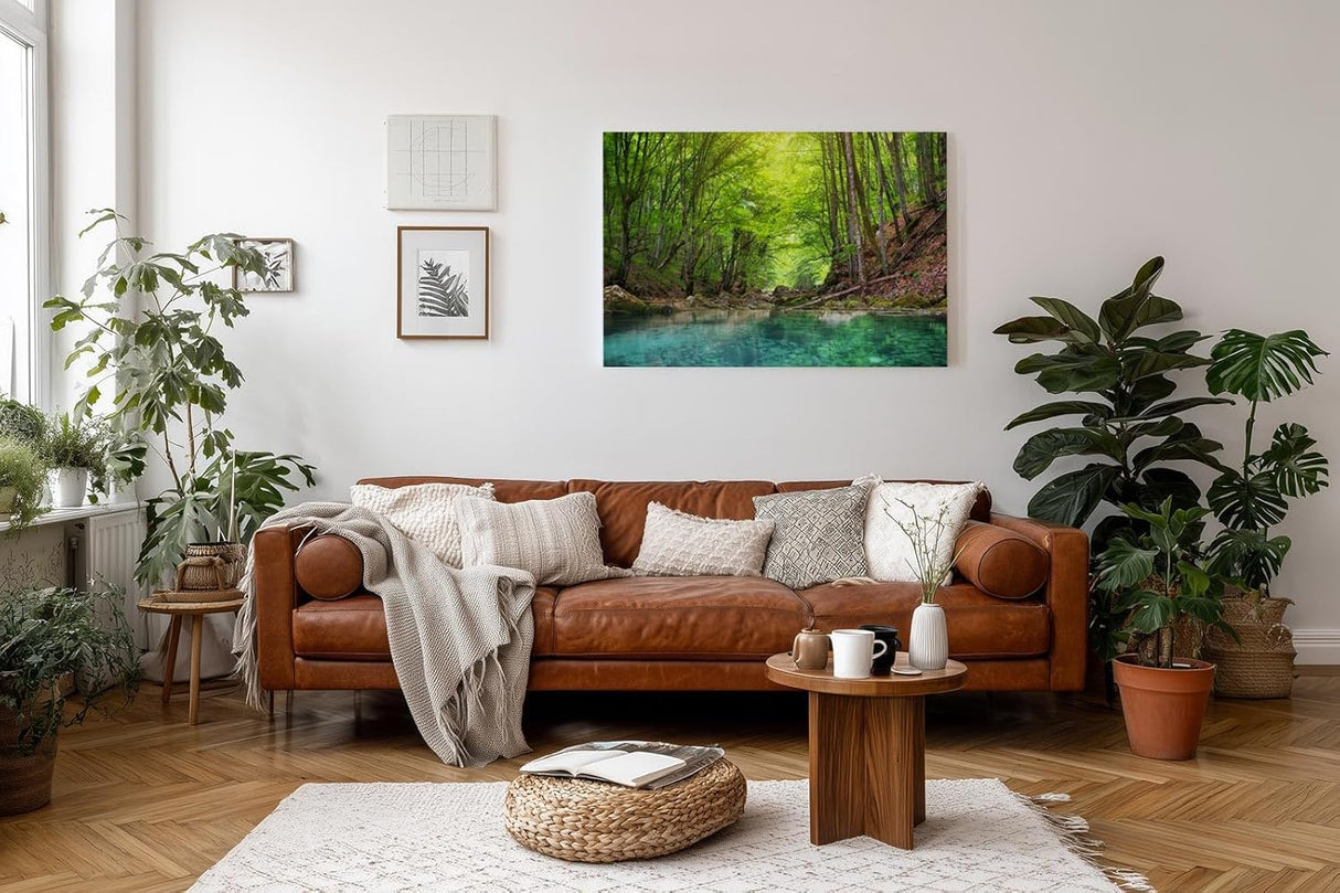 Sinus Art Wandbild 120x80cm Friedlicher Fluss mit glasklarem Wasser inmitten eines grünen Laubwaldes