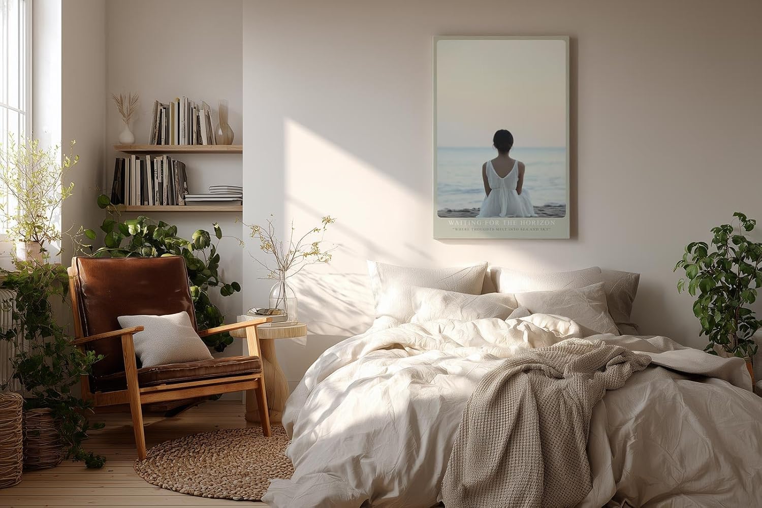 Paul Sinus Wandbild in 40x60cm Waiting for the Horizon – Frau in weißem Kleid am Strand mit Blick auf das Meer bei sanftem Sonnenuntergang