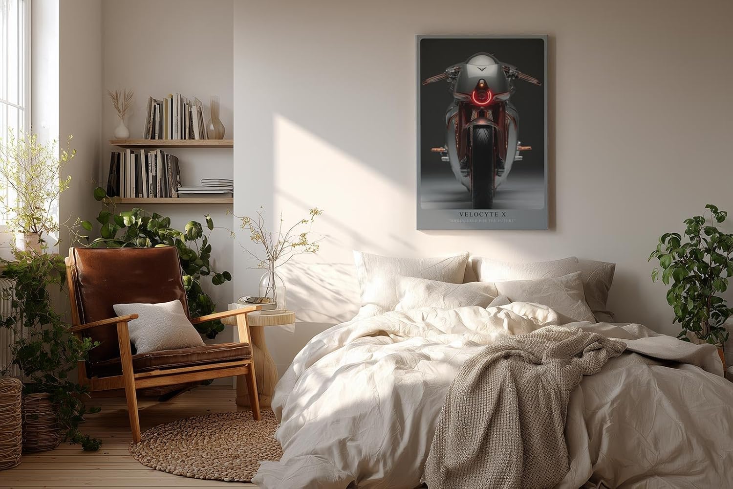 Paul Sinus Wandbild in 40x60cm Velocyte X – futuristisches Motorrad-Design in minimalistischer Perspektive mit markantem Rücklicht