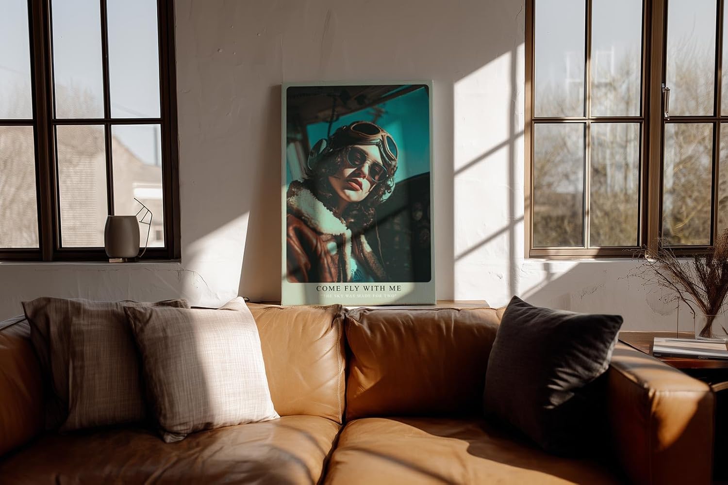 Paul Sinus Wandbild in 40x60cm Come Fly With Me Retro Pilot Woman in Aviator Jacket and Goggles in Sunlit Cockpit
