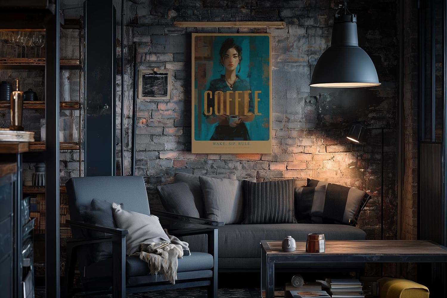 Paul Sinus Wandbild in 40x60cm Wake. Sip. Rule. – modernes Coffee-Art-Porträt in kräftigen Blautönen mit goldener Schrift