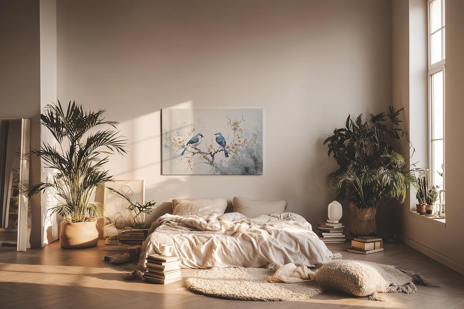 Sinus Art Wandbild 120x80cm Detailreiches Naturmotiv mit zwei blauen Vögeln auf blühendem Ast – filigran und stimmungsvoll gestaltet