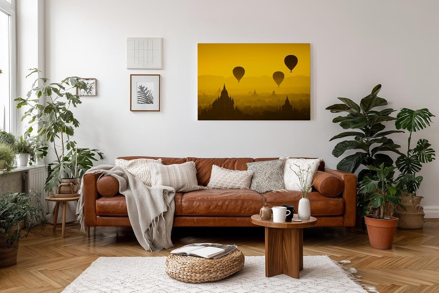 Sinus Art Wandbild 120x80cm Heißluftballons schweben über Pagoden im warmen Licht eines goldenen Himmels