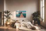 Sinus Art Wandbild 120x80cm Holzsteg führt zur Insel im klaren Meer – Symbol für Freiheit und Fernweh