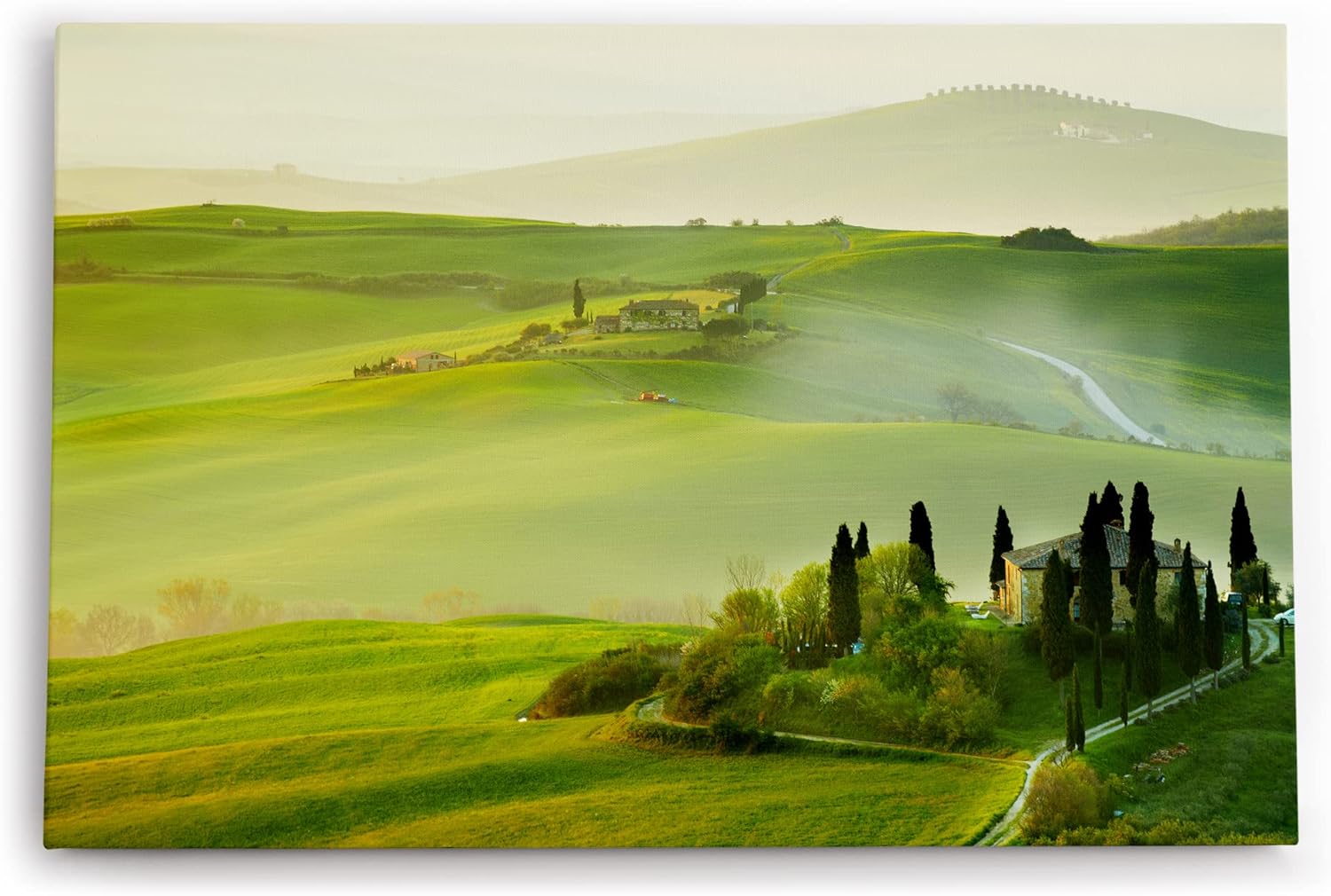 Paul Sinus Wandbild 120x80cm Toskana Landschaft Italien Finca Morgentau Grün